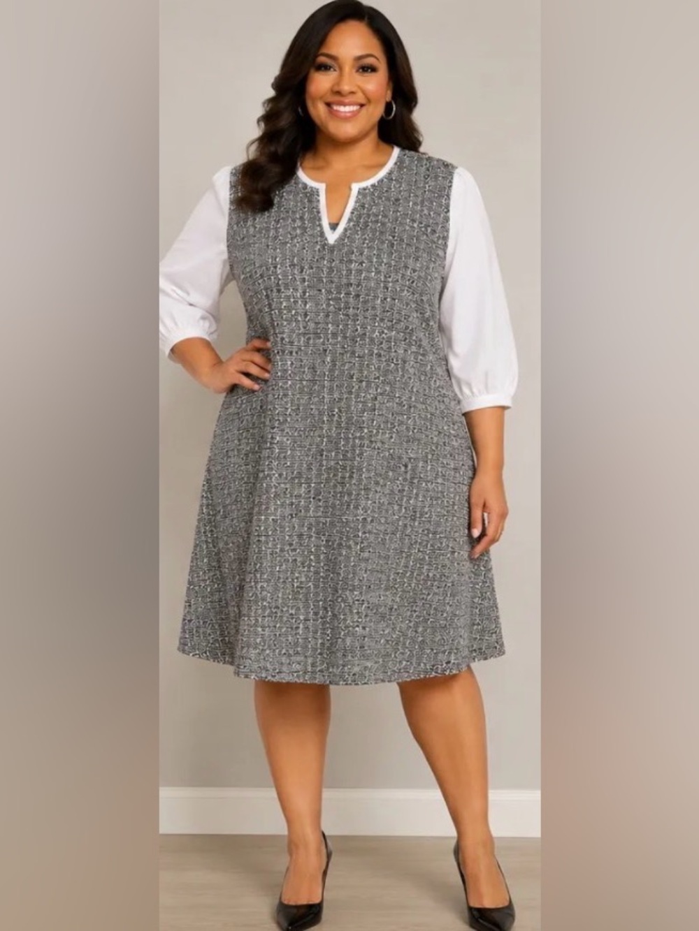 🤍🖤Ming Wang Gray Tweed A-Line Midi Dress with White Sleeves🤍🖤